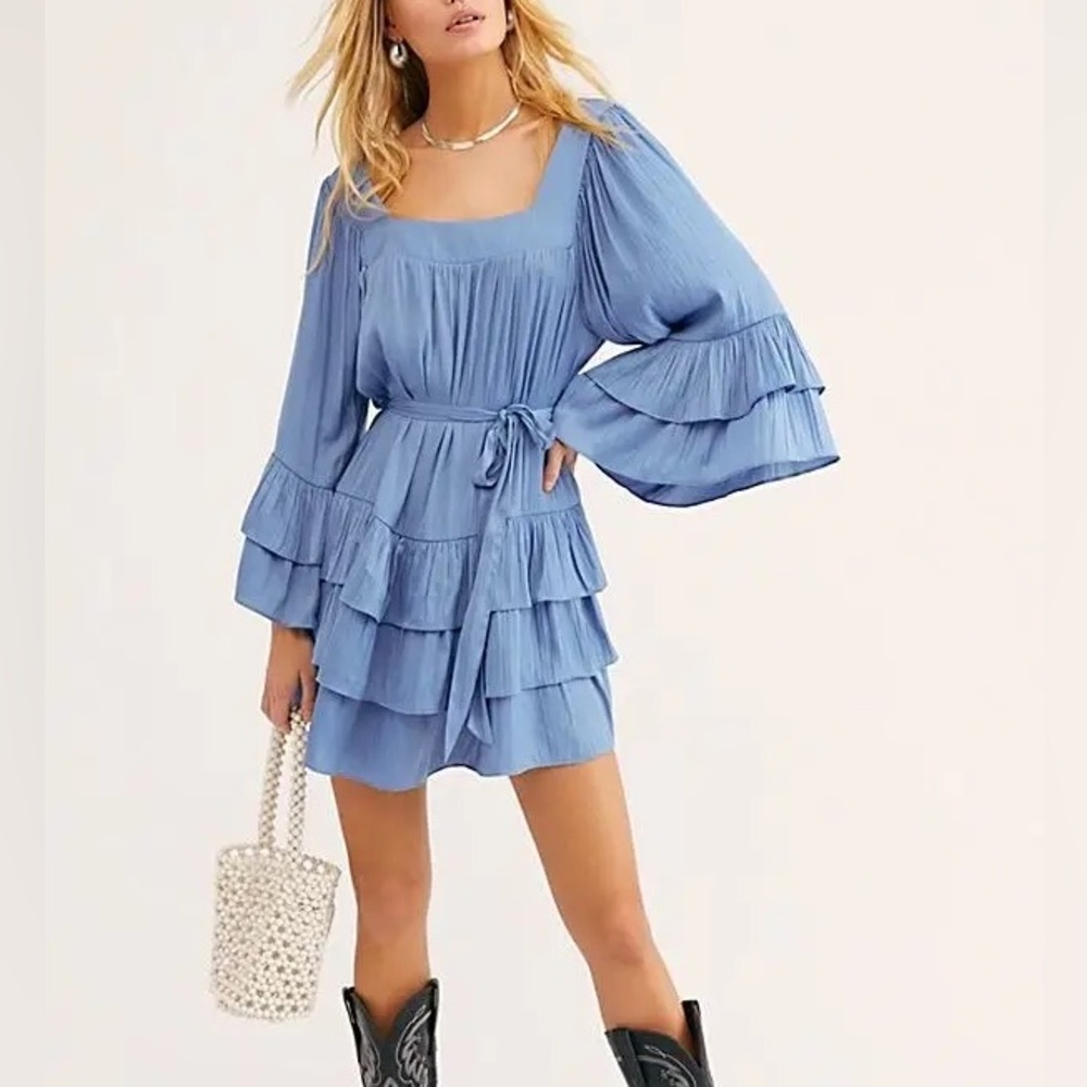 Free People Gretta Bell Sleeve Tiered Ruffle Mini Dress Tie Belt In Blue Size M